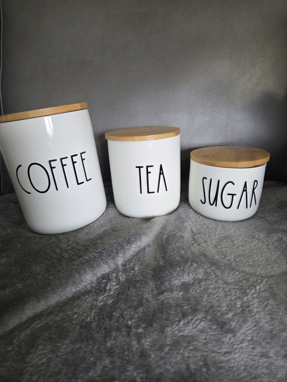 White Ceramic Coffee Tea Sugar Canister Set with Bamboo Lids